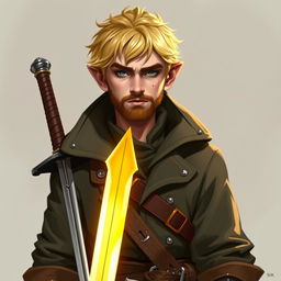 A 30-year-old male halfling with a rough face and short blonde hair, wearing a captain's coat and holding a rapier with a glowing sun blade