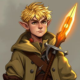 A 30-year-old male halfling with a rough face and short blonde hair, wearing a captain's coat and holding a rapier with a glowing sun blade