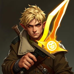 A 30-year-old male halfling with a rough face and short blonde hair, wearing a captain's coat and holding a rapier with a glowing sun blade