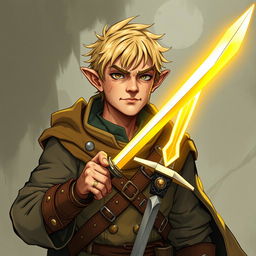 A 30-year-old male halfling with a rough face and short blonde hair, wearing a captain's coat and holding a rapier with a glowing sun blade