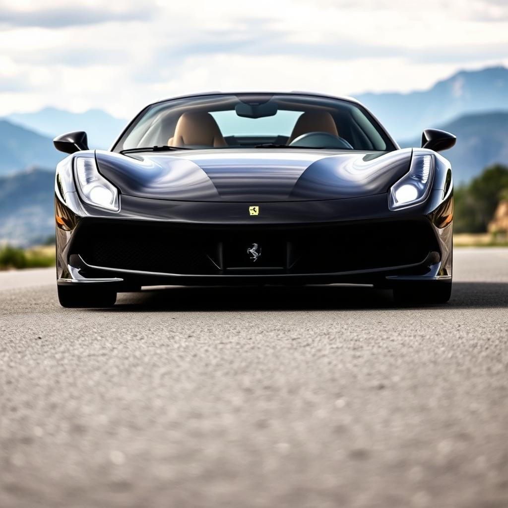 A sleek black Ferrari sports car facing forward with its headlights on, shining brightly