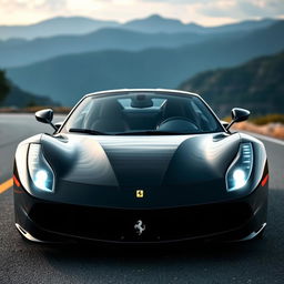 A sleek black Ferrari sports car facing forward with its headlights on, shining brightly