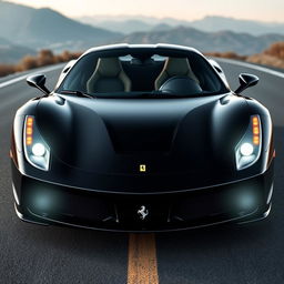 A sleek black Ferrari sports car facing forward with its headlights on, shining brightly