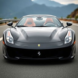 A sleek black Ferrari sports car facing forward with its headlights on, shining brightly