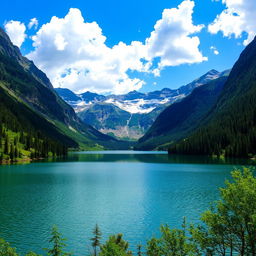 A beautiful landscape featuring a serene lake surrounded by mountains and lush greenery under a clear blue sky with fluffy white clouds