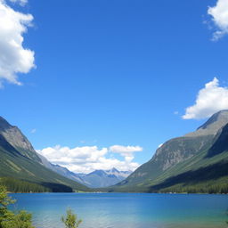 A beautiful landscape featuring a serene lake surrounded by mountains and lush greenery under a clear blue sky with fluffy white clouds