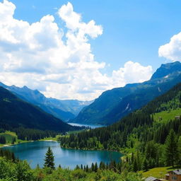 A beautiful landscape featuring a serene lake surrounded by mountains and lush greenery under a clear blue sky with fluffy white clouds