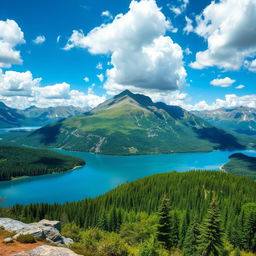 A beautiful landscape featuring a serene lake surrounded by mountains and lush greenery under a clear blue sky with fluffy white clouds