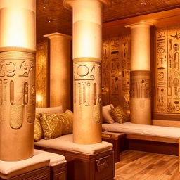 Inside view of a luxurious saloon and spa with an Egyptian theme, featuring ornate gold details, hieroglyphic art, stone columns, and plush furnishings.