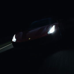 A dark road with a Ferrari speeding down it, the headlights illuminating the path ahead