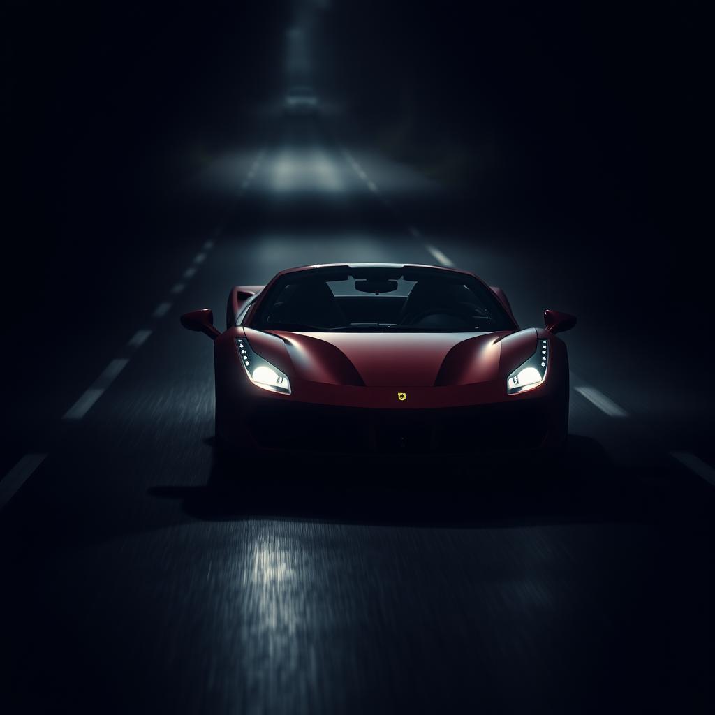 A dark road with a Ferrari speeding down it, the headlights illuminating the path ahead