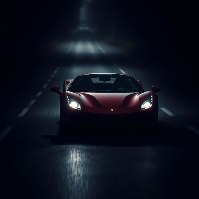 A dark road with a Ferrari speeding down it, the headlights illuminating the path ahead