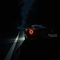 A dark road with a Ferrari speeding down it, the headlights illuminating the path ahead