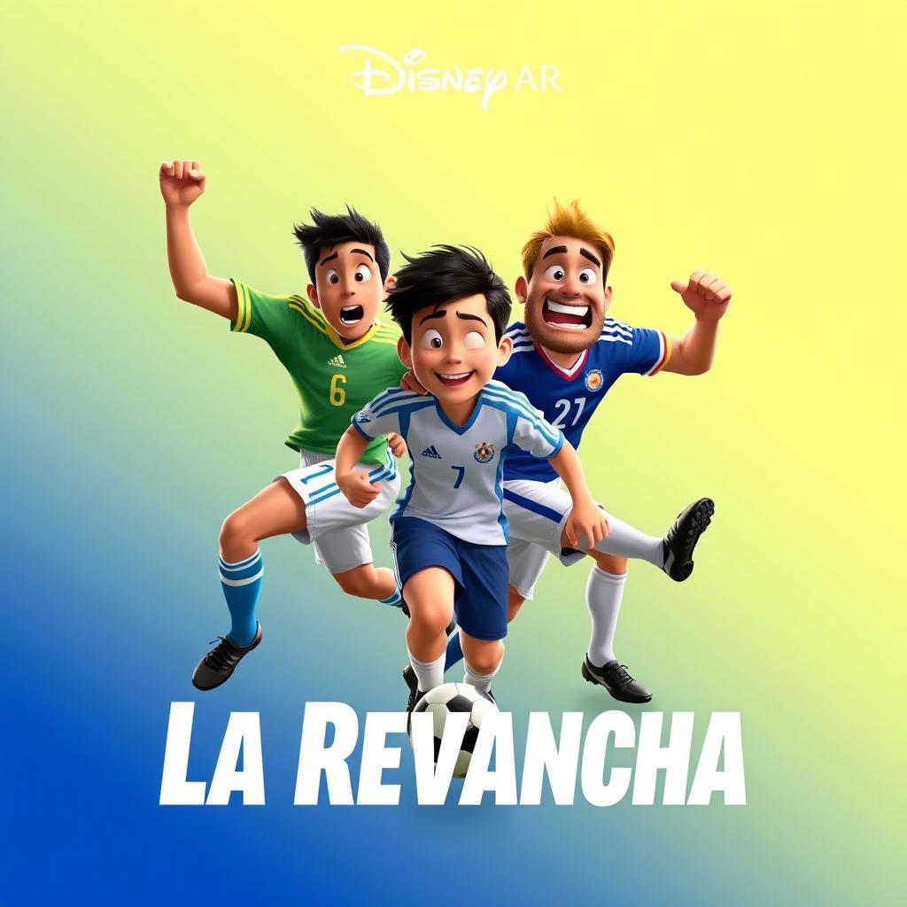 A movie poster in the Disney Pixar style featuring a soccer match between Colombia and Argentina