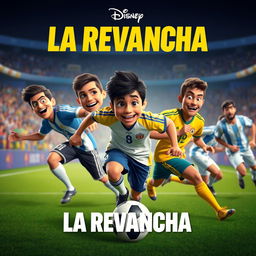 A movie poster in the Disney Pixar style featuring a soccer match between Colombia and Argentina