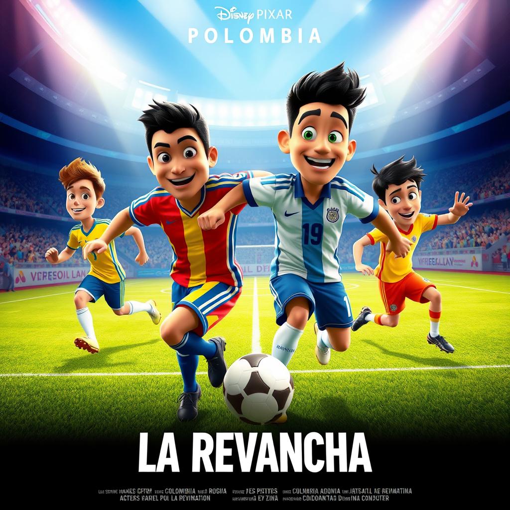 A movie poster in the Disney Pixar style featuring a soccer match between Colombia and Argentina