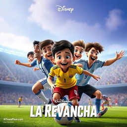 A movie poster in the Disney Pixar style featuring a soccer match between Colombia and Argentina