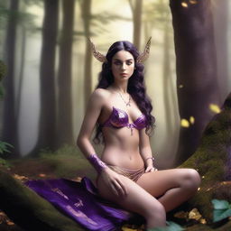 A full body shot of a petite, freckled, wavy-haired brunette elf priestess with long pointy ears, in a purple and gold bikini, laying down