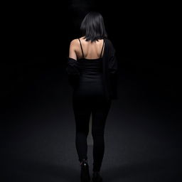 A woman with black hair, wearing black pants, a tank top, and a black jacket