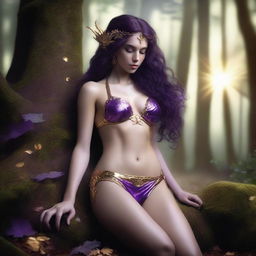 A full body shot of a petite, freckled, wavy-haired brunette elf priestess with long pointy ears, in a purple and gold bikini, laying down