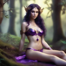 A full body shot of a petite, freckled, wavy-haired brunette elf priestess with long pointy ears, in a purple and gold bikini, laying down