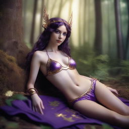 A full body shot of a petite, freckled, wavy-haired brunette elf priestess with long pointy ears, in a purple and gold bikini, laying down