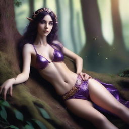 A full body shot of a petite, freckled, wavy-haired brunette elf priestess with long pointy ears, in a purple and gold bikini, laying down