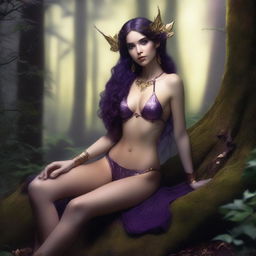 A full body shot of a petite, freckled, wavy-haired brunette elf priestess with long pointy ears, in a purple and gold bikini, laying down