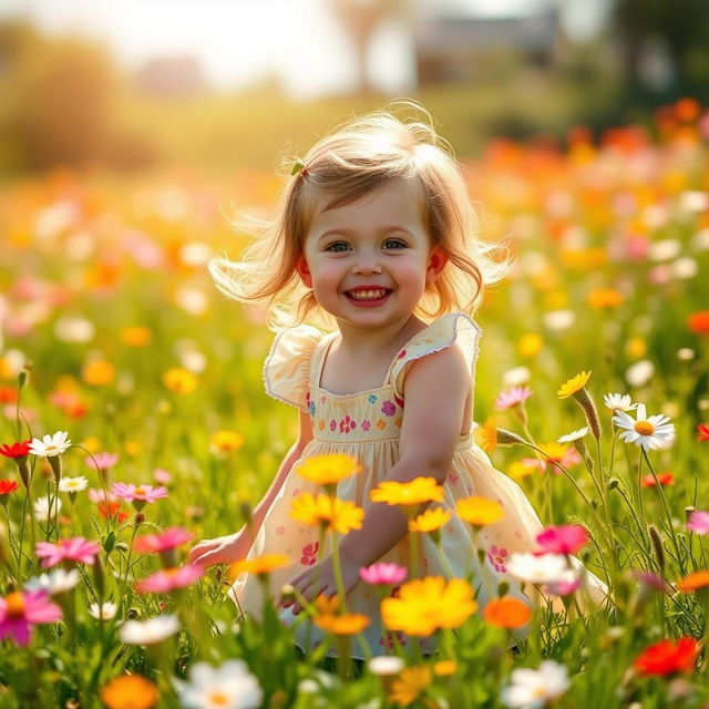 A charming little girl with a bright smile, wearing a cute dress and playing in a sunlit meadow filled with colorful flowers