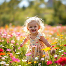 A charming little girl with a bright smile, wearing a cute dress and playing in a sunlit meadow filled with colorful flowers