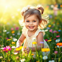 A charming little girl with a bright smile, wearing a cute dress and playing in a sunlit meadow filled with colorful flowers