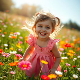 A charming little girl with a bright smile, wearing a cute dress and playing in a sunlit meadow filled with colorful flowers