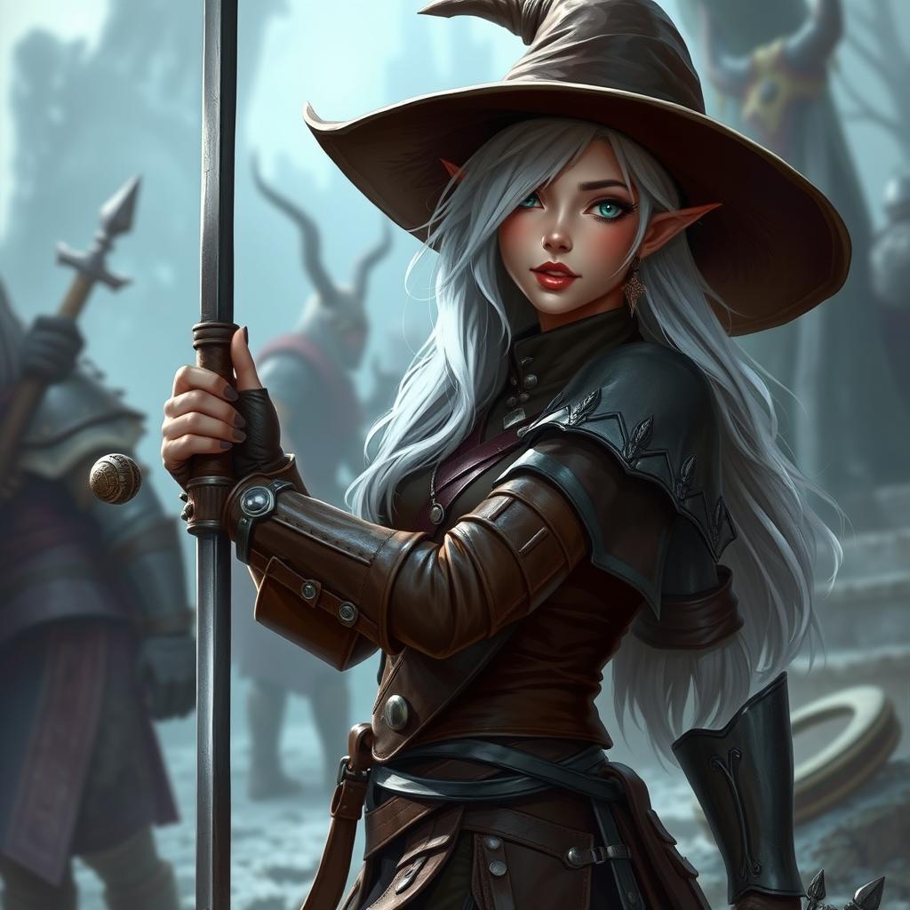 A dark elf curvy girl with a wide brim hat, white hair, holding a long skinny rapier in her hand, and wearing full brown leather armor