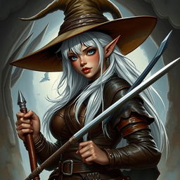 A dark elf curvy girl with a wide brim hat, white hair, holding a long skinny rapier in her hand, and wearing full brown leather armor