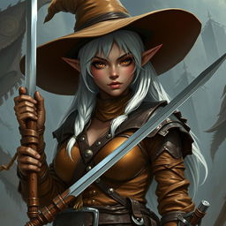 A dark elf curvy girl with a wide brim hat, white hair, holding a long skinny rapier in her hand, and wearing full brown leather armor