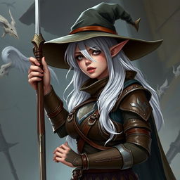 A dark elf curvy girl with a wide brim hat, white hair, holding a long skinny rapier in her hand, and wearing full brown leather armor