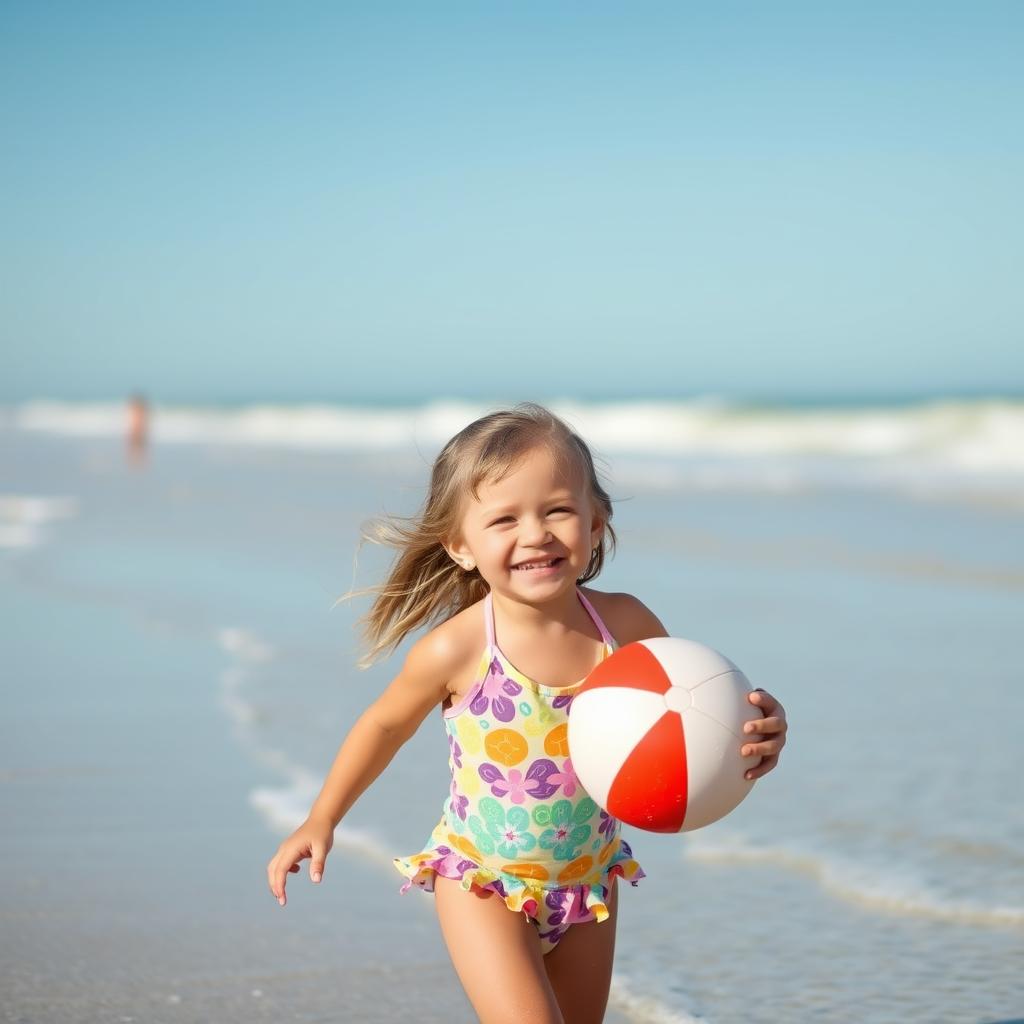 A little girl enjoying a sunny day at the beach, wearing a colorful swimsuit and playing with a beach ball