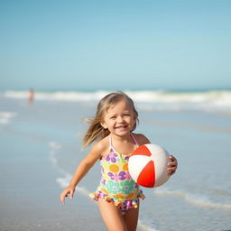 A little girl enjoying a sunny day at the beach, wearing a colorful swimsuit and playing with a beach ball