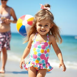 A little girl enjoying a sunny day at the beach, wearing a colorful swimsuit and playing with a beach ball