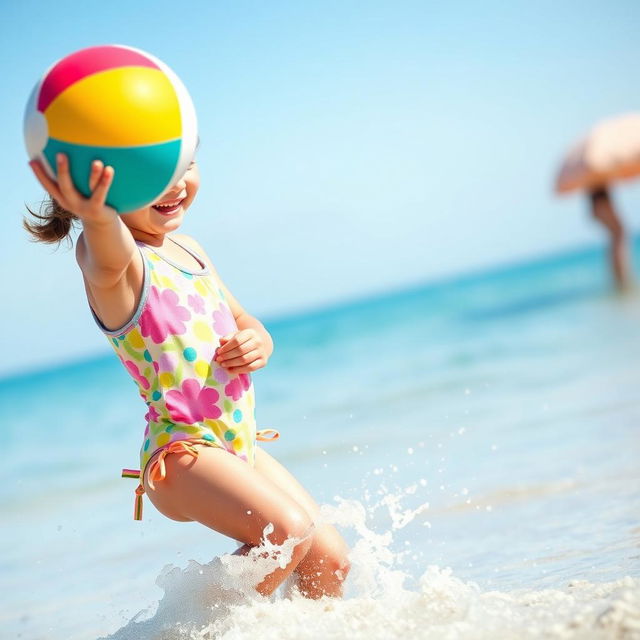 A little girl enjoying a sunny day at the beach, wearing a colorful swimsuit and playing with a beach ball