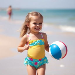 A little girl enjoying a sunny day at the beach, wearing a colorful swimsuit and playing with a beach ball