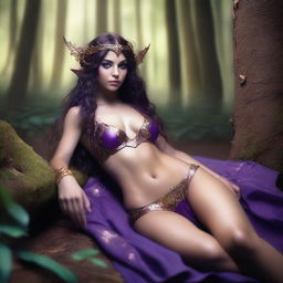 A full body shot of a petite, freckled, wavy-haired brunette elf priestess with long pointy ears, in a purple and gold bikini, laying down