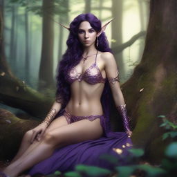 A full body shot of a petite, freckled, wavy-haired brunette elf priestess with long pointy ears, in a purple and gold bikini, laying down