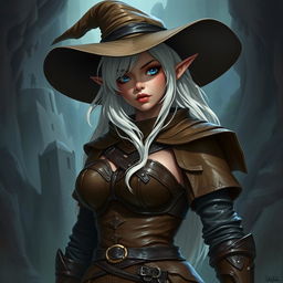 A dark elf curvy girl with a wide brim hat, white hair, and wearing full brown leather armor