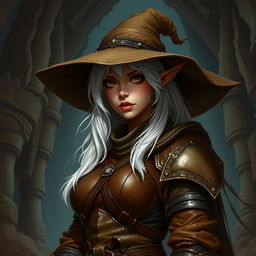 A dark elf curvy girl with a wide brim hat, white hair, and wearing full brown leather armor