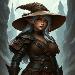 A dark elf curvy girl with a wide brim hat, white hair, and wearing full brown leather armor