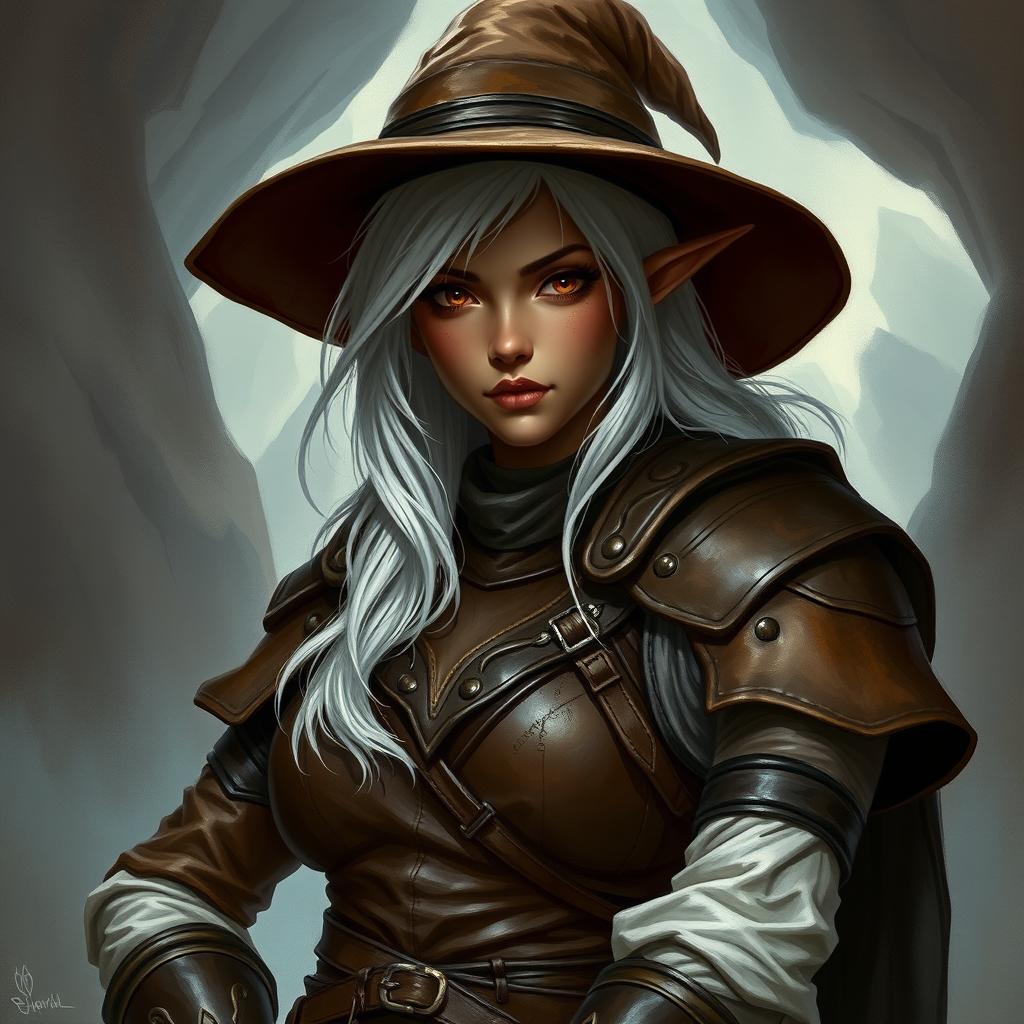 A dark elf curvy girl with a wide brim hat, white hair, and wearing full brown leather armor