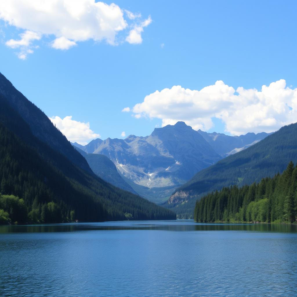 A beautiful landscape featuring a serene lake surrounded by lush green forests and majestic mountains in the background, with a clear blue sky and a few fluffy white clouds