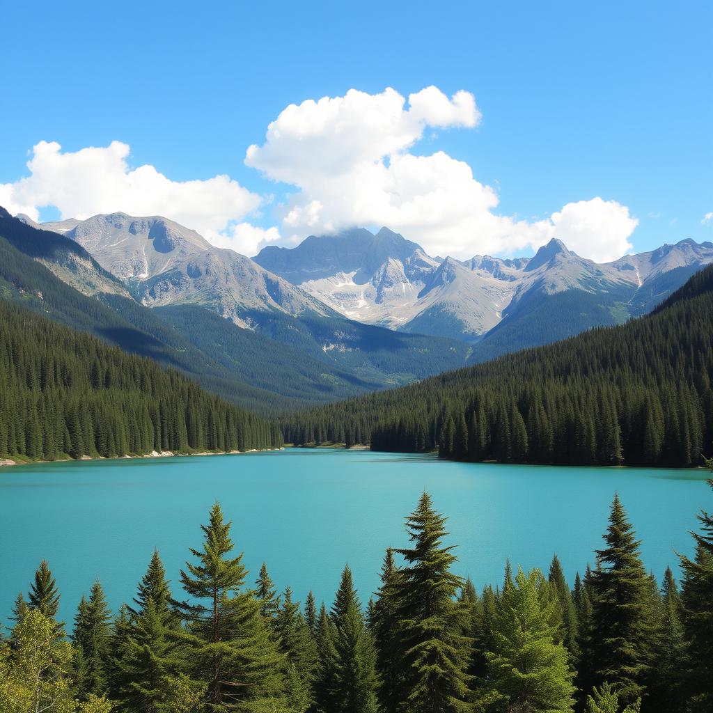 A beautiful landscape featuring a serene lake surrounded by lush green forests and majestic mountains in the background, with a clear blue sky and a few fluffy white clouds