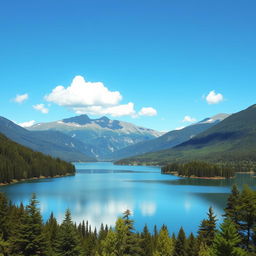 A beautiful landscape featuring a serene lake surrounded by lush green forests and majestic mountains in the background, with a clear blue sky and a few fluffy white clouds